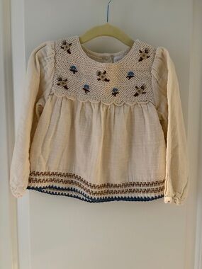 Zara Cream Crochet Yoke Blouse with Blue & Brown Trim - Kids
